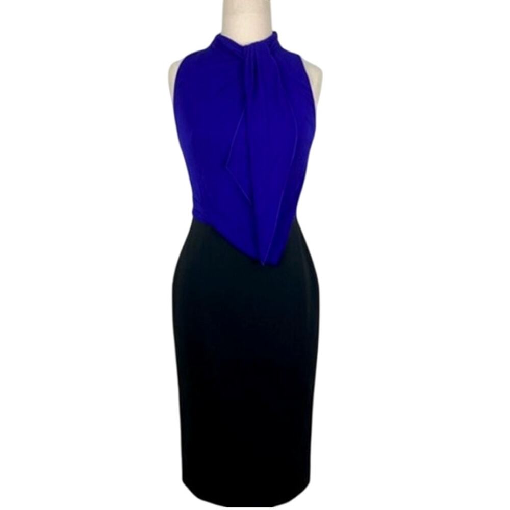 Karen Millen Color Block Tie Neck Pencil Dress Blue/Black Women's Size 6 NWT
